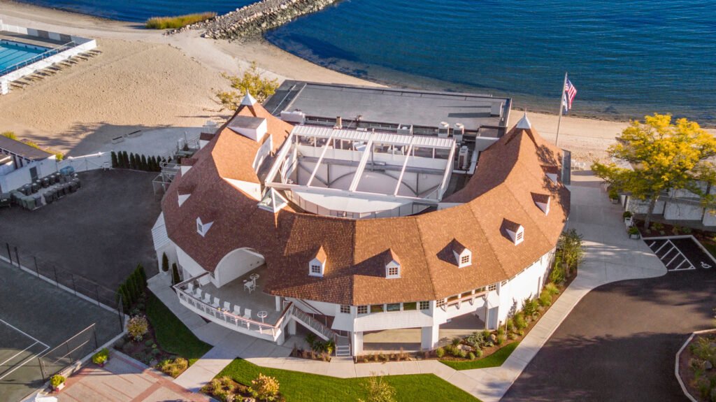 Exterior drone shot of event at Tokeneke Club