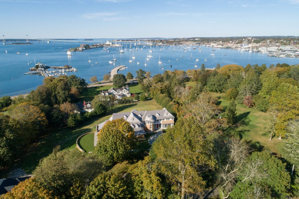 Aerial view of Newport Rhode Island waterfront home