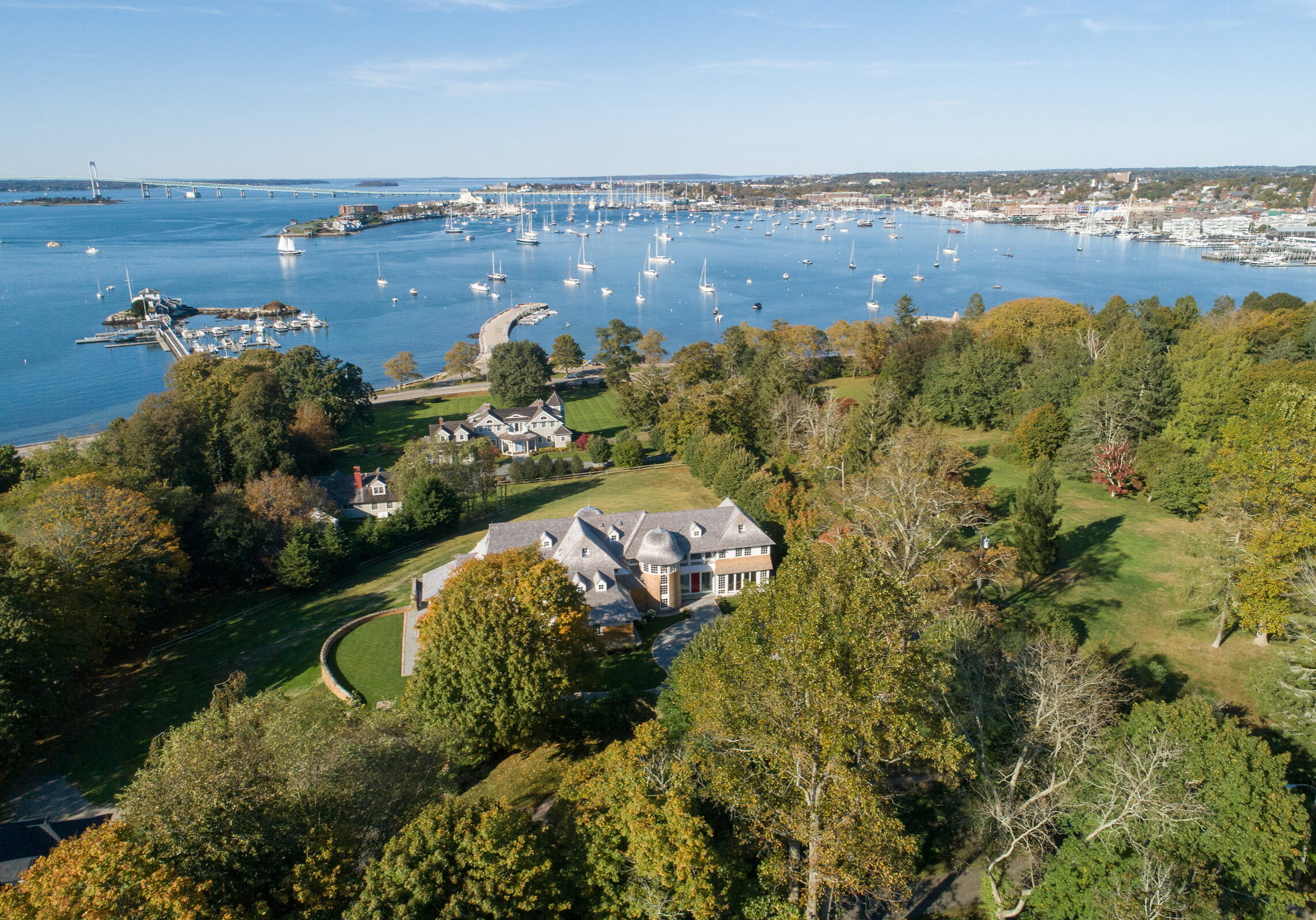 Aerial view of Newport Rhode Island waterfront home